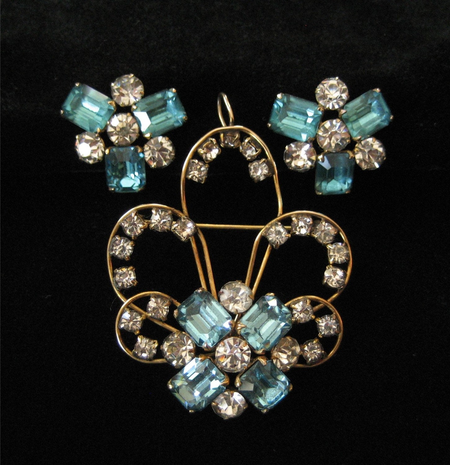 Retro Vintage Gold Filled & Old Aqua Rhinestone Demi