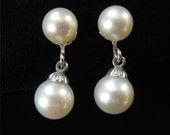 Vintage Genuine Pearl Earrings, White Gold Filled
