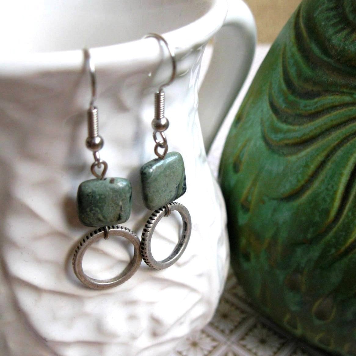 Elise Silver and Jasper Dangle Hoop Earrings