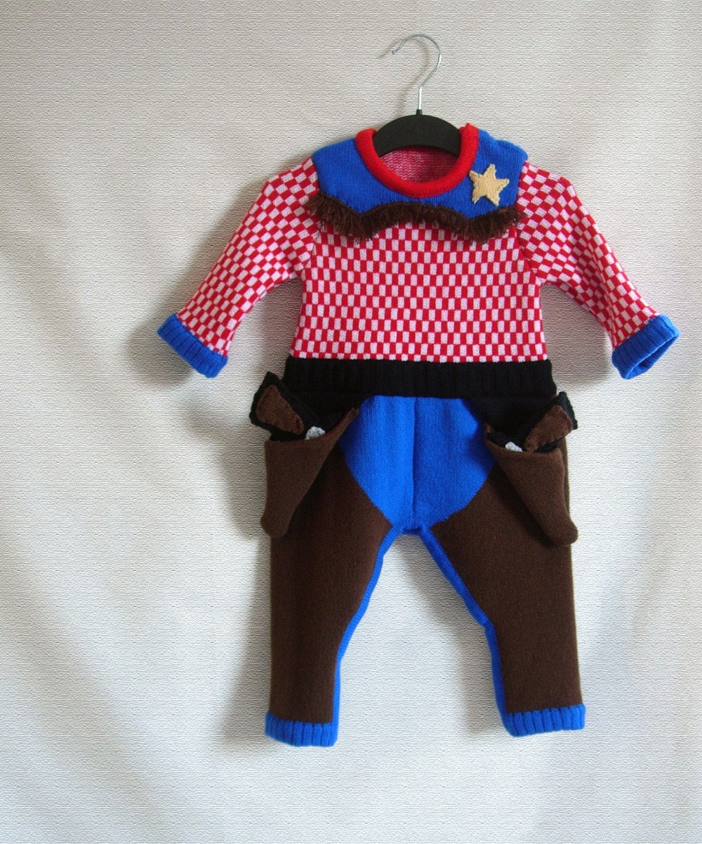 Cowboy Knitted Babygrow Onesie - Handmade Baby Costume. Size 3-9 months