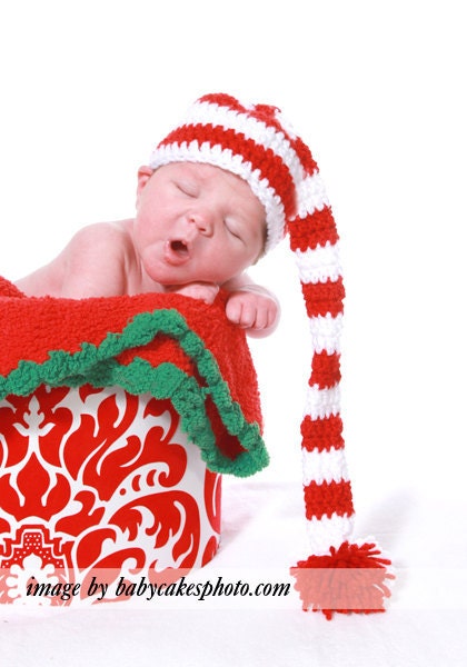 Crochet Long Tail Christmas hat Sizes Newborn, 3-6m, 6-12m, 1-2T, 2T & up and Adult custom colors available, perfect for Holliday pictures