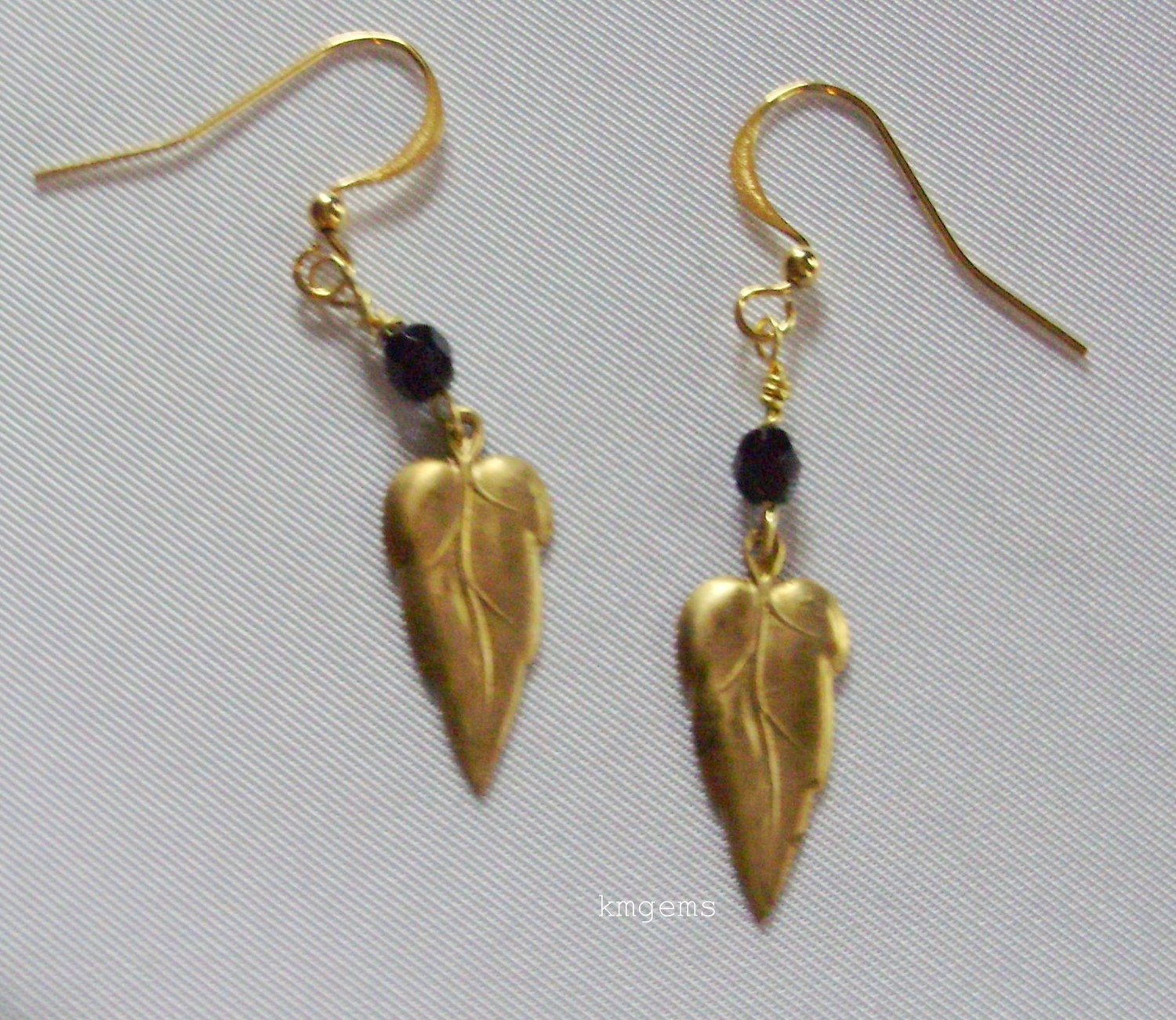 Black Bead Gold Leaf  Earrings-Handmade Original Designs BY Kmgems