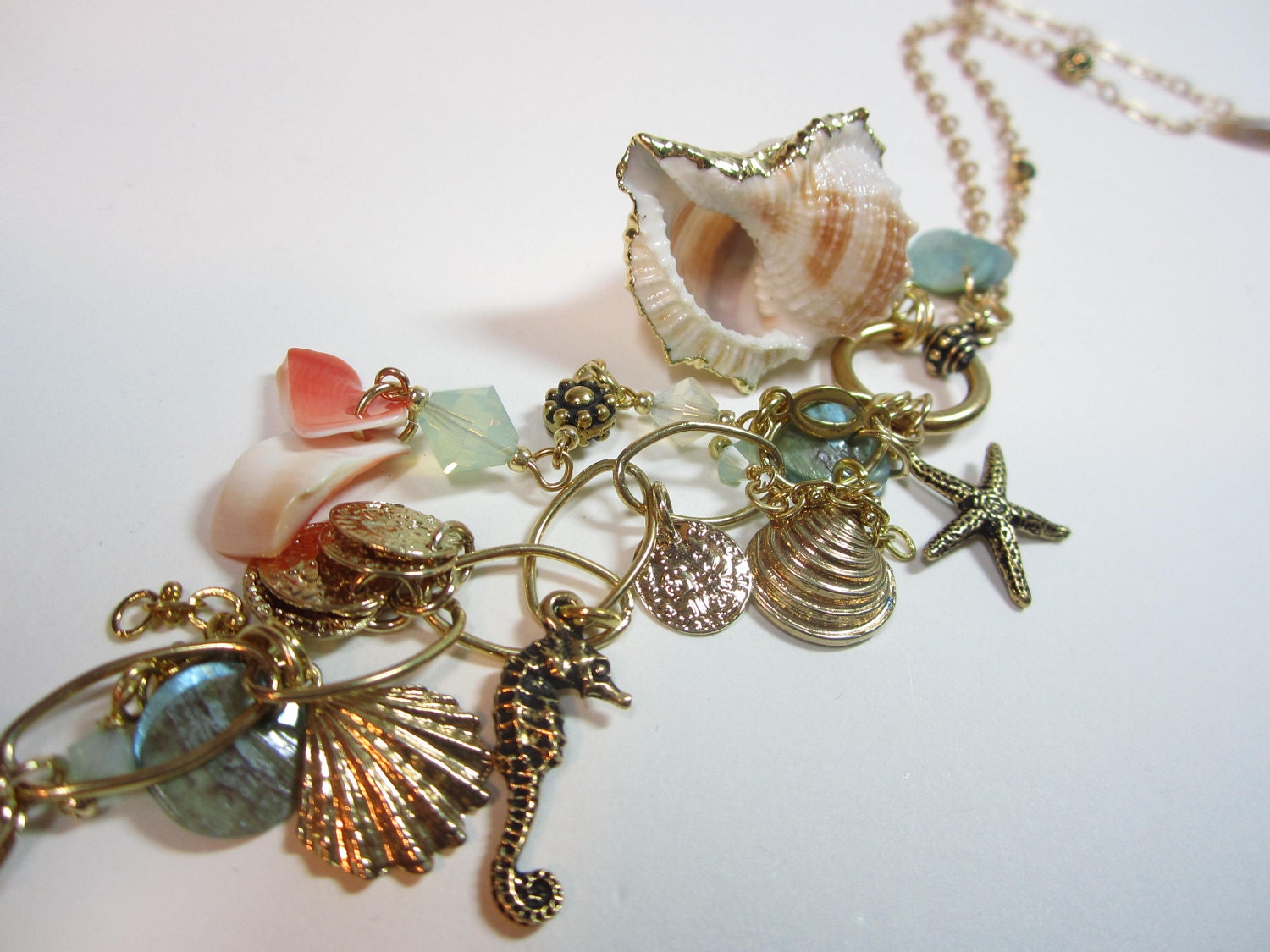 OCEAN DREAMS Long Chain Necklace real sea shell 24k dipped, Mint, Pink Coral, charm necklcace