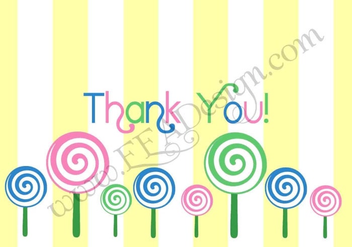 Lollipop Thank you card (yellow, green, pink, blue and white) - Printable
