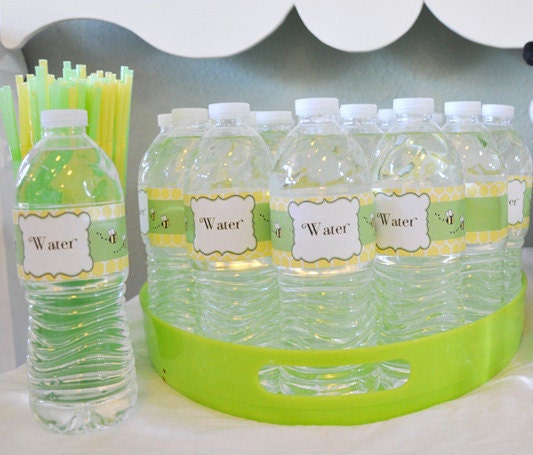 Bumble Bee Water Bottle Labels x 12 (yellow, green, black and white) - Ready Made