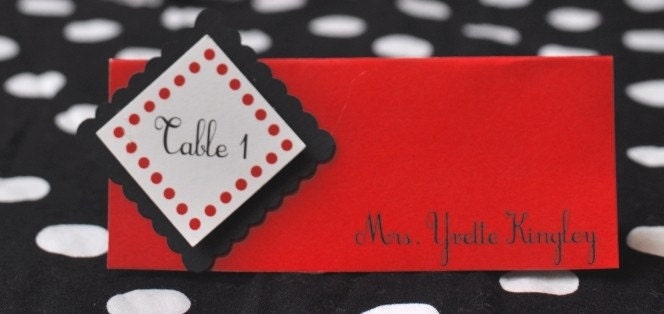 Retro Dot Red, Black and White Escort / Place Tent Cards x 25 Il_570xn