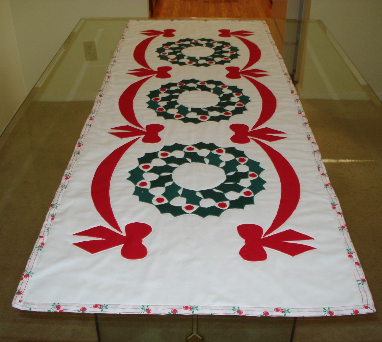 Christmas Table Runner Quilted  Holly Wreaths