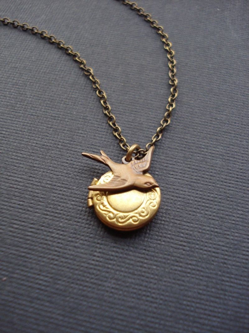 Small Brass Locket with Bird, Bird Pendant Necklace, Vintage Style, Gift For Her Under 25