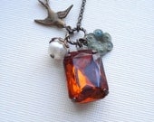 Bird Topaz Necklace, Orange Stone Pendant Necklace, Vintage Style Jewelry, Patina, Gift For Her Under 50