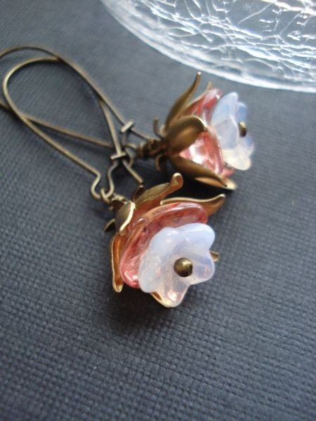 Glass Flower Dangle Earrings, Floral Drop Earrings, Hawaiian Earrings, Vintage Bead Cap, Long Earrings