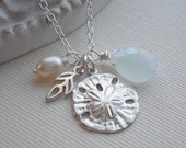 Sand Dollar Necklace In Sterling Silver. Mediterranean, Charm, Sand Dollar Pendant, Gift Under 50, Aquamarine, Beach Wedding