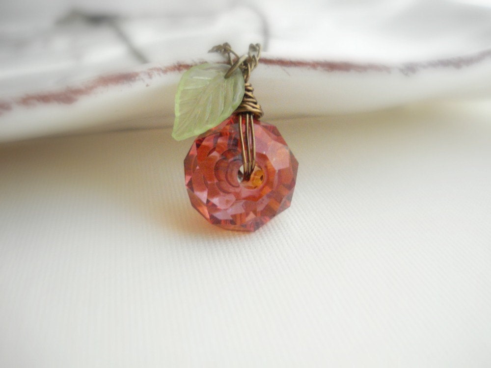 Red Apple Pendant Necklace In Brass, Crystal Apple Necklace, Teachers Jewelry, Swarovski, Autumn Jewelry, Nature