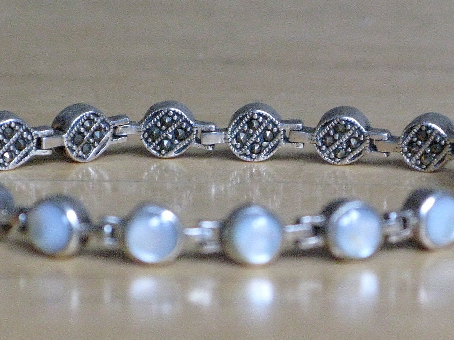 Vintage Reversible Silver Marcasite and Mother of Pearl Linked Bracelet