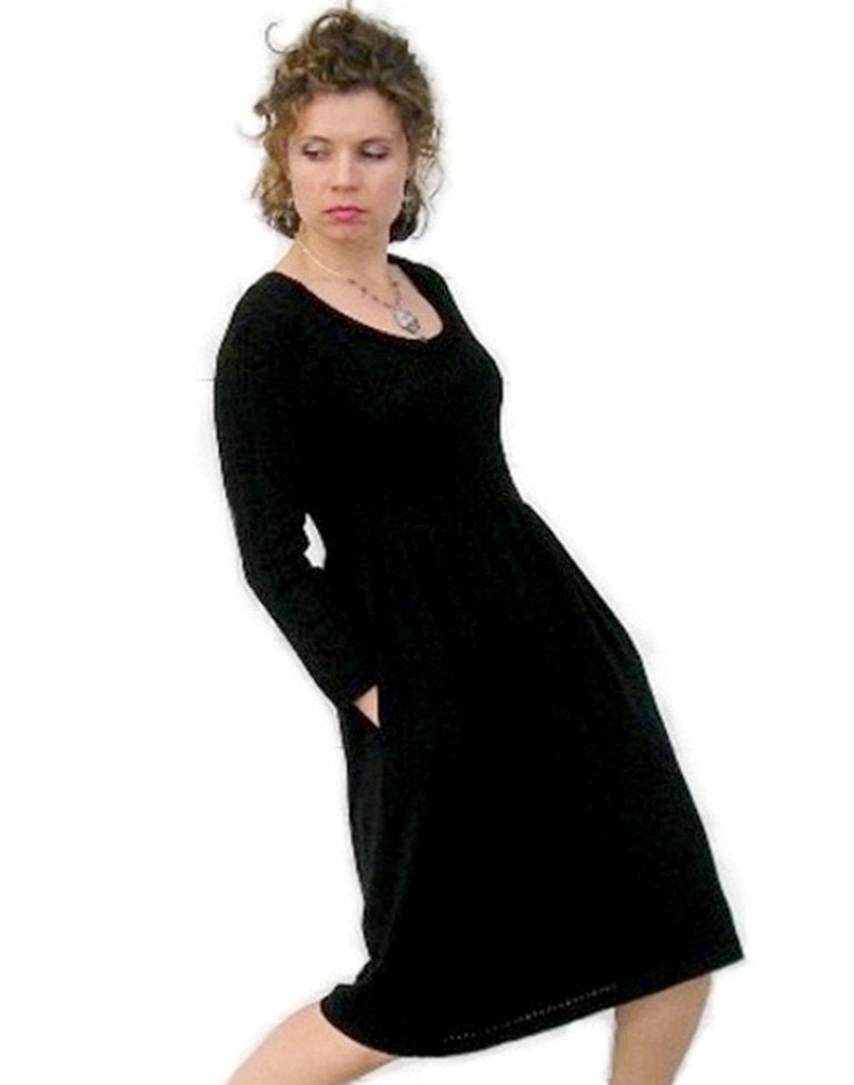 Vintage 80's Black Cotton Dress Knitting Long Sleeve Pocket Dress Size Small