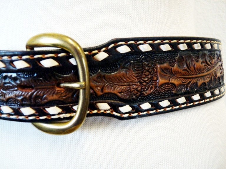 SALE Vintage Hand Tooled Acorns Whisky Brown Genuine Leather Woven JUSTIN LAMA Brass Buckle Belt Size 36