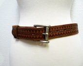 Vintage 60s Tooled Belt Aztec TEX TAN Whiskey- Brown Gnuine Leather Brass Buckled Belt Size 30 - 32