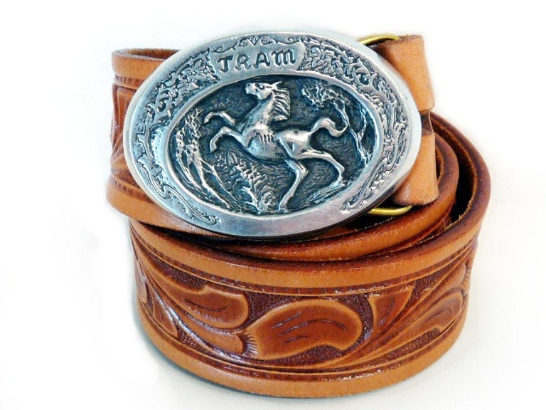SALE Vintage 1980s TRAM German Silver Buckle by Gary Prazen Hand tooled Leather Belt LOOPER