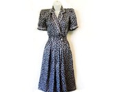 Vintage 80s Navy White Bows print Dress Petites for Maggy Flirty pin-up dress Small
