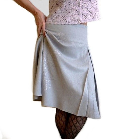 SALE 1980s Grey Linen Skirt Carol Little Floral Embroidered M