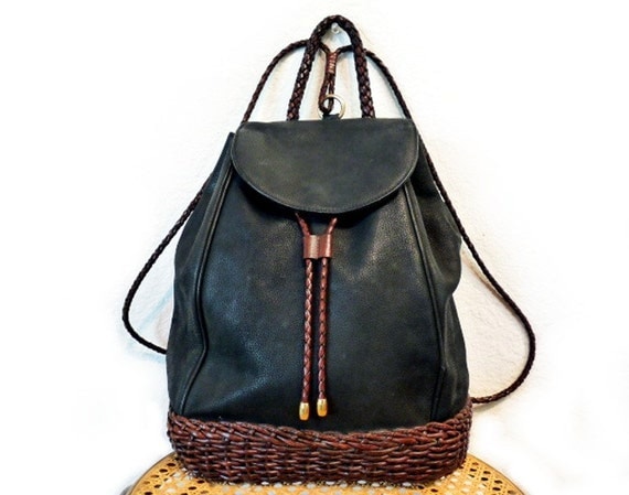 SALE Vintage CEM  Black Genuine Leather Drawstring Backpack Brown Woven Leather Made in Brazil