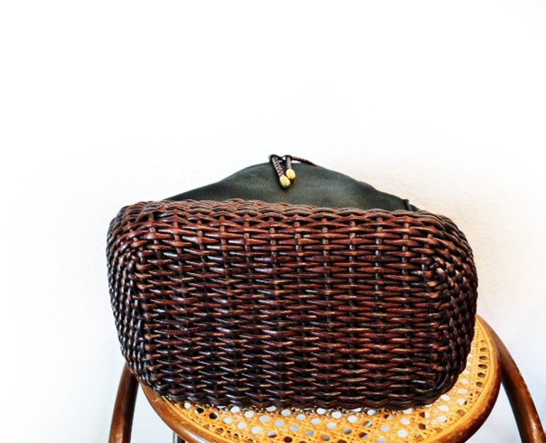 SALE Vintage CEM  Black Genuine Leather Drawstring Backpack Brown Woven Leather Made in Brazil
