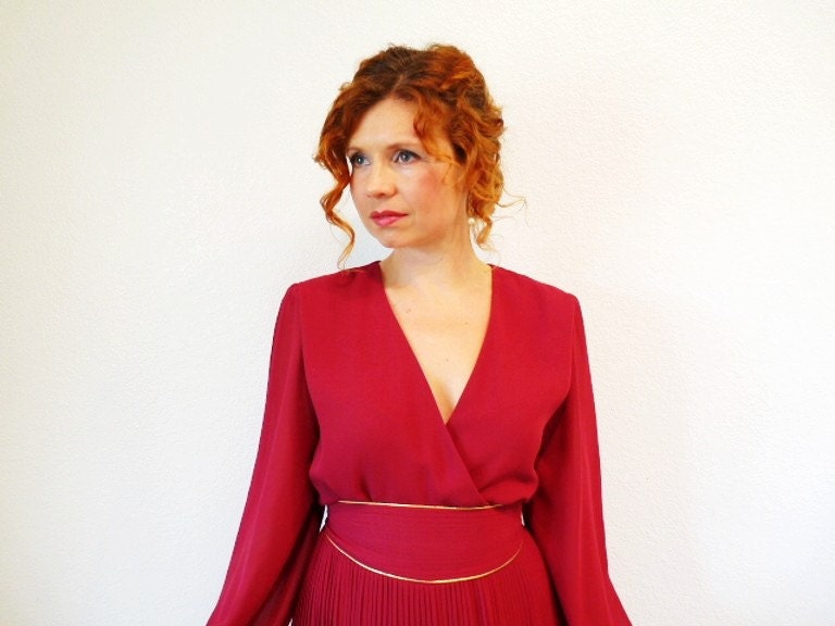 SALE 1960s Miss Elliette Chiffon Jumpsuit Dress Designer Couture Pleated Prom Party Dress, High Fashion Cocktail Burgundy Rose