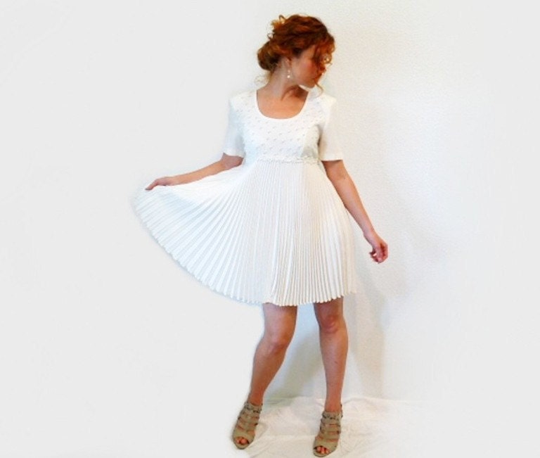 SALE Vintage Mini Dress White Pearls Accordion Pleats WILD ROSE Wedding Formal Cocktail Party Gown