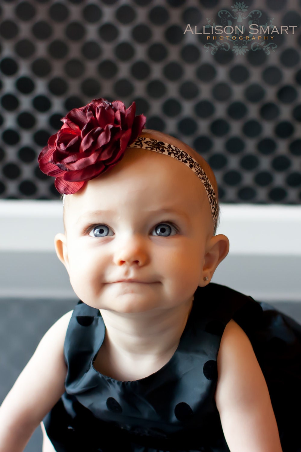 Red Flower Headband Vintage Style Red Rose Flower on a Black and White Damask Elastic Headband with Rhinestone Button Center