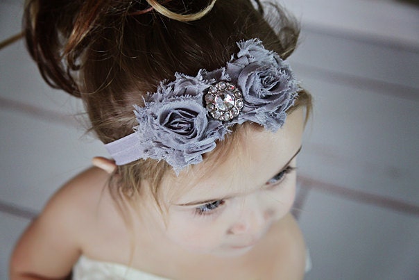 Shabby and Chic Frayed Silver Grey Fabric Rose Flowers on a Grey Fold Over Elastic Headband