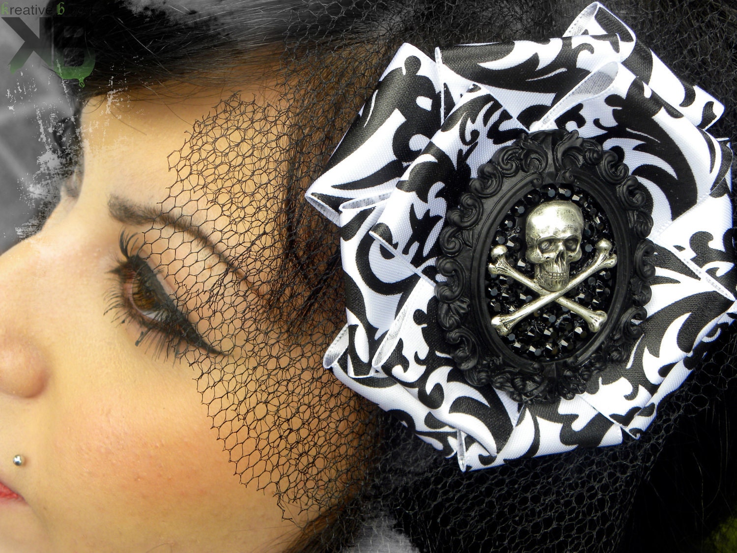Skull & Crossbones Swarovski Floral Ribbon Large Hair Fascinator