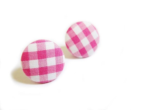 Button Earrings / Clip On Earrings - pink gingham earrings