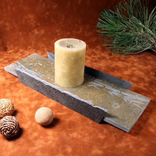 Natural Slate Candle Tray - Bamboo etched on Multi Stone