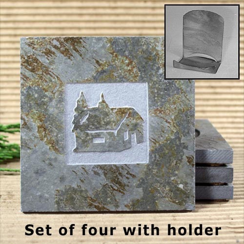 Cabin - Real Etched Slate Coaster Set with Holder