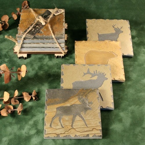 Natural Slate Coaster Set - Wildlife in Buff Stone