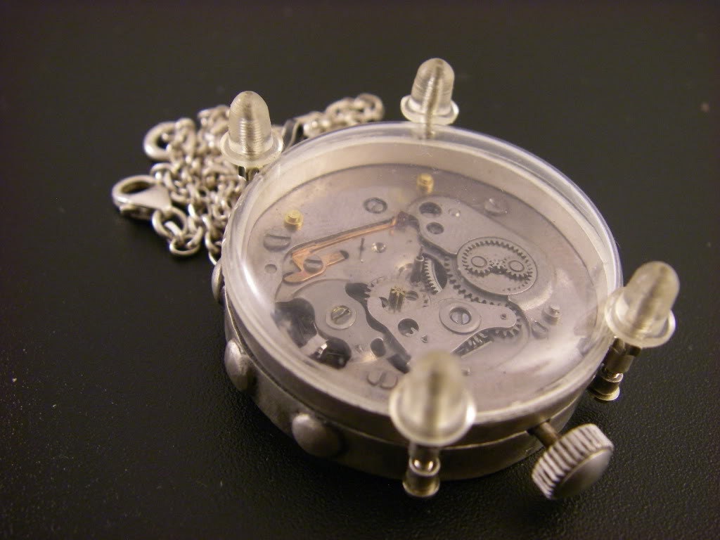 Steampunk Watch Movement in Sterling Silver Bezel Pendant