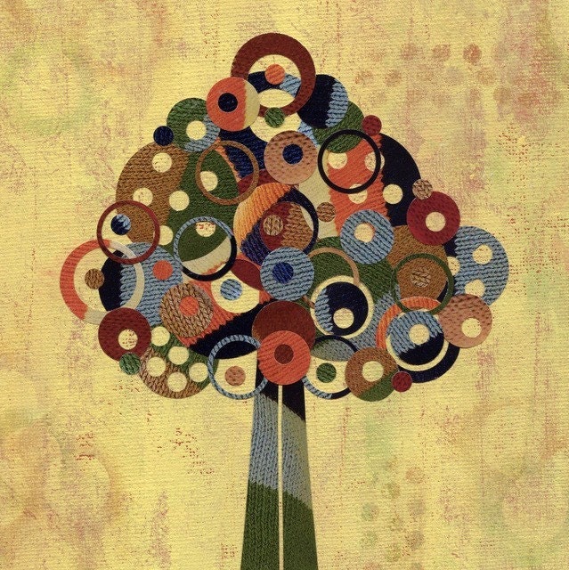 BOGO SALE - Full Circle Tree - Knit Sweater Tree - 8x10 Collage Reproduction Print - Warmth-  Red, Yellow. Blue and Green