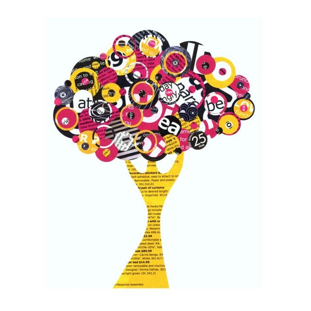 BOGO SALE - Full Circle Tree - Exuberance - Collage Reproduction 5x7 Print - Black, White Hot pink and Bright Yellow Tree