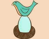 BOGO SALE - Turquoise and Peach Momma Bird Sitting on Blue Speckled Egg in a Brown Nest  - 8 x 10 Art Print  - Spring