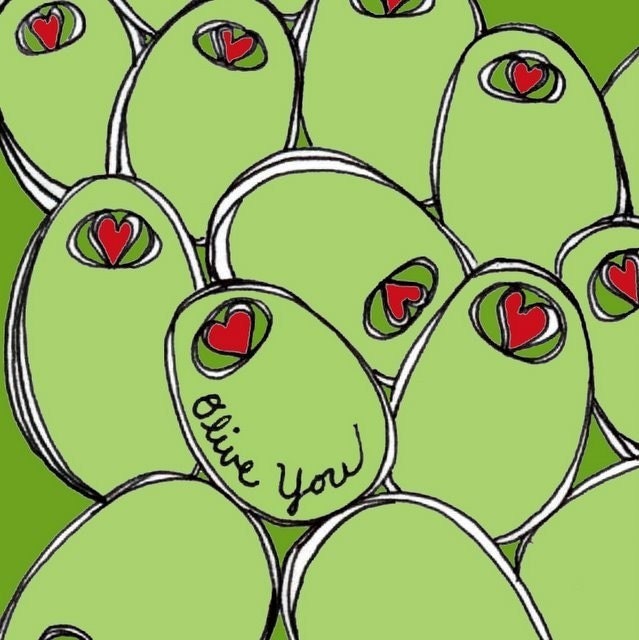 BOGO SALE - Green Olives with Red Heart Pimentos - 5x7 Ilustration Wall Art Print - Olive You