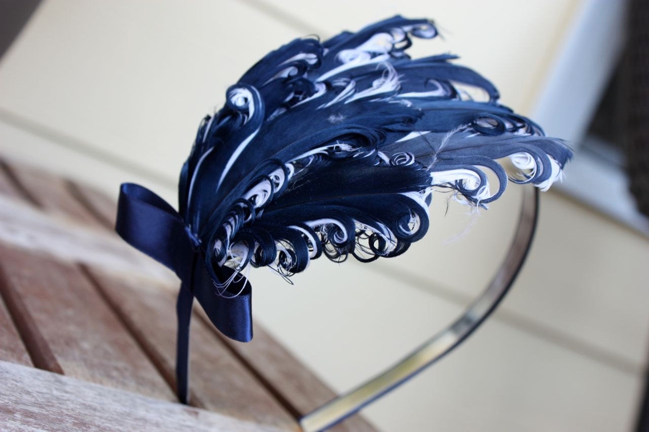 Navy Nagorie Feather headband with Satin Bow Accent