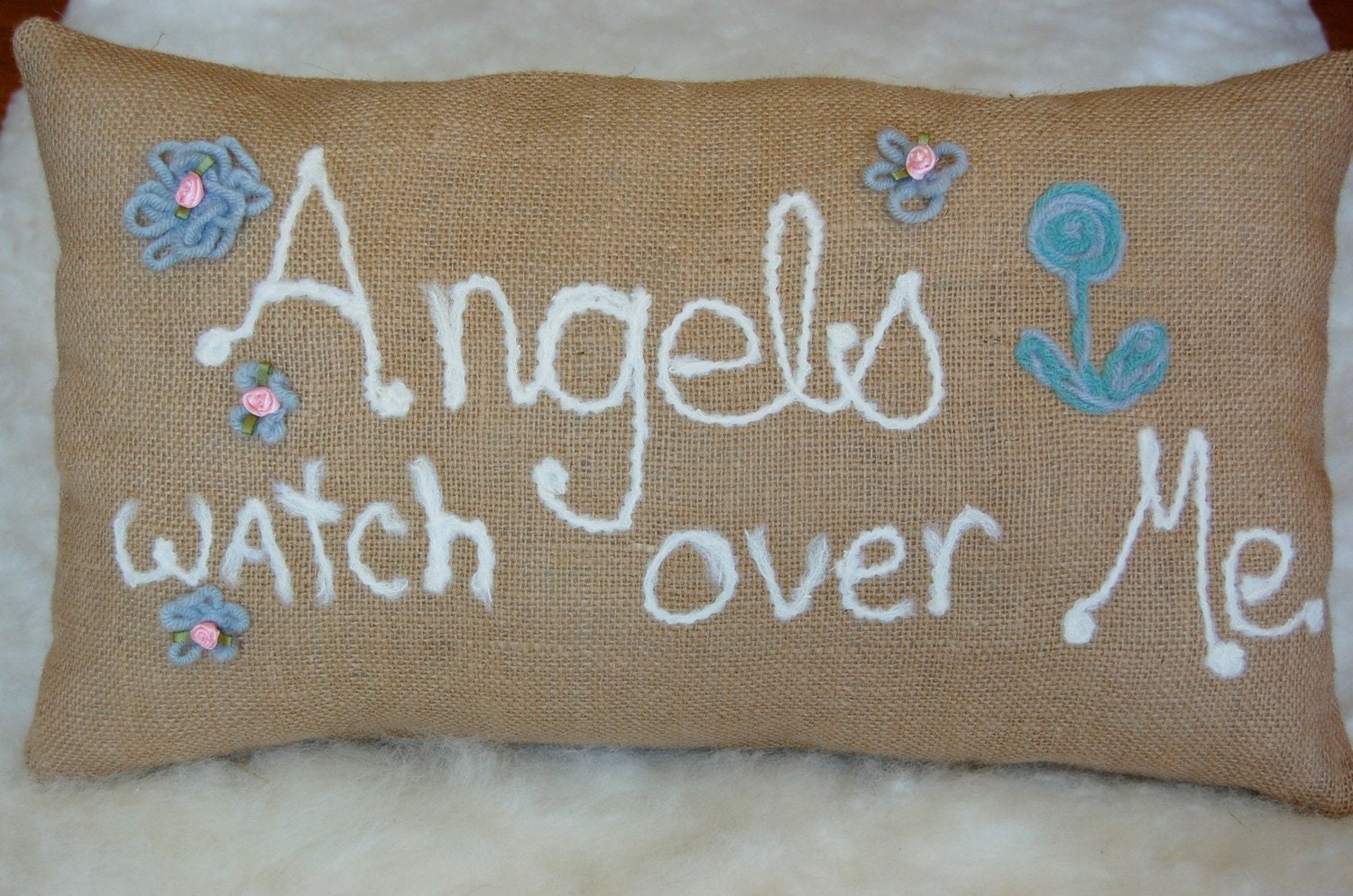 Burlap Pillow Needle Felted Angels Watch Over Me