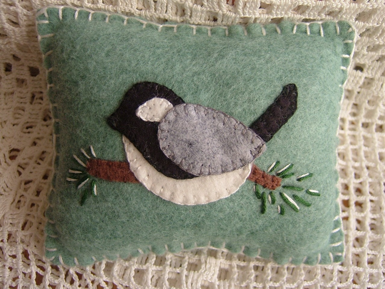 Winter Chickadee - Penny Rug Pillow Pincushion with FREE SHIPPING