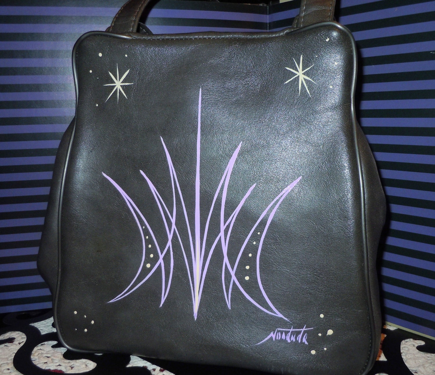 VINTAGE Hot Rod ROCKABILLY Kustom Pinstriped 1960s Purse Gray with Lavender