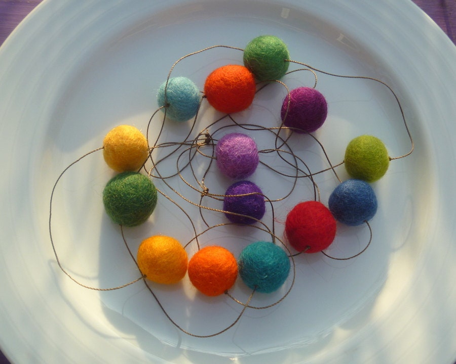 Rainbow Garland  - a strand of vibrant colors -- 14 felt balls,  6 feet long - knotted