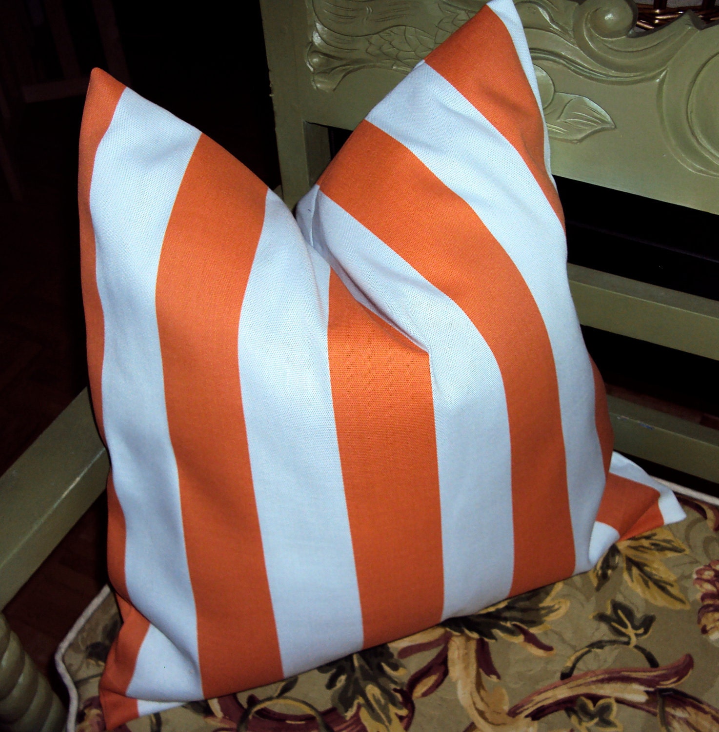 18x18 Indoor Outdoor Orange Stripe Decorative Pillow Cover - Same Fabric Both Sides