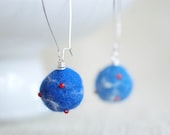 Felted wool earrings bright blue white red - Christmas gifts for her under 25