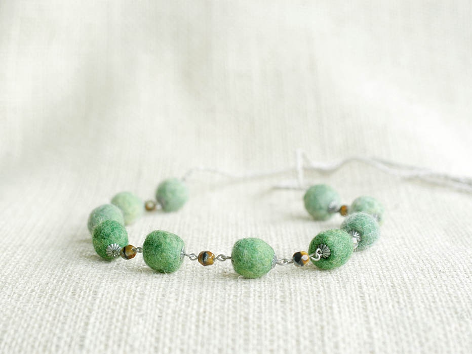 Green hand felted necklace brown Czech beads