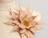 Mother Day Gift Elegant Fashion Hand Felted White Beige Brown Merino Wool Flower Pin Brooch 3.9 with Glass Beads