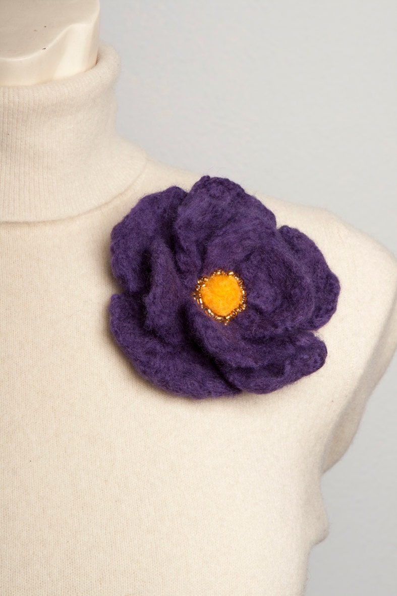 Elegant Fashion Hand Felted Purple Violet  Flower with Golden Bead Decorations Flower  Merino Wool Flower Pin Brooch  READY TO SHIP