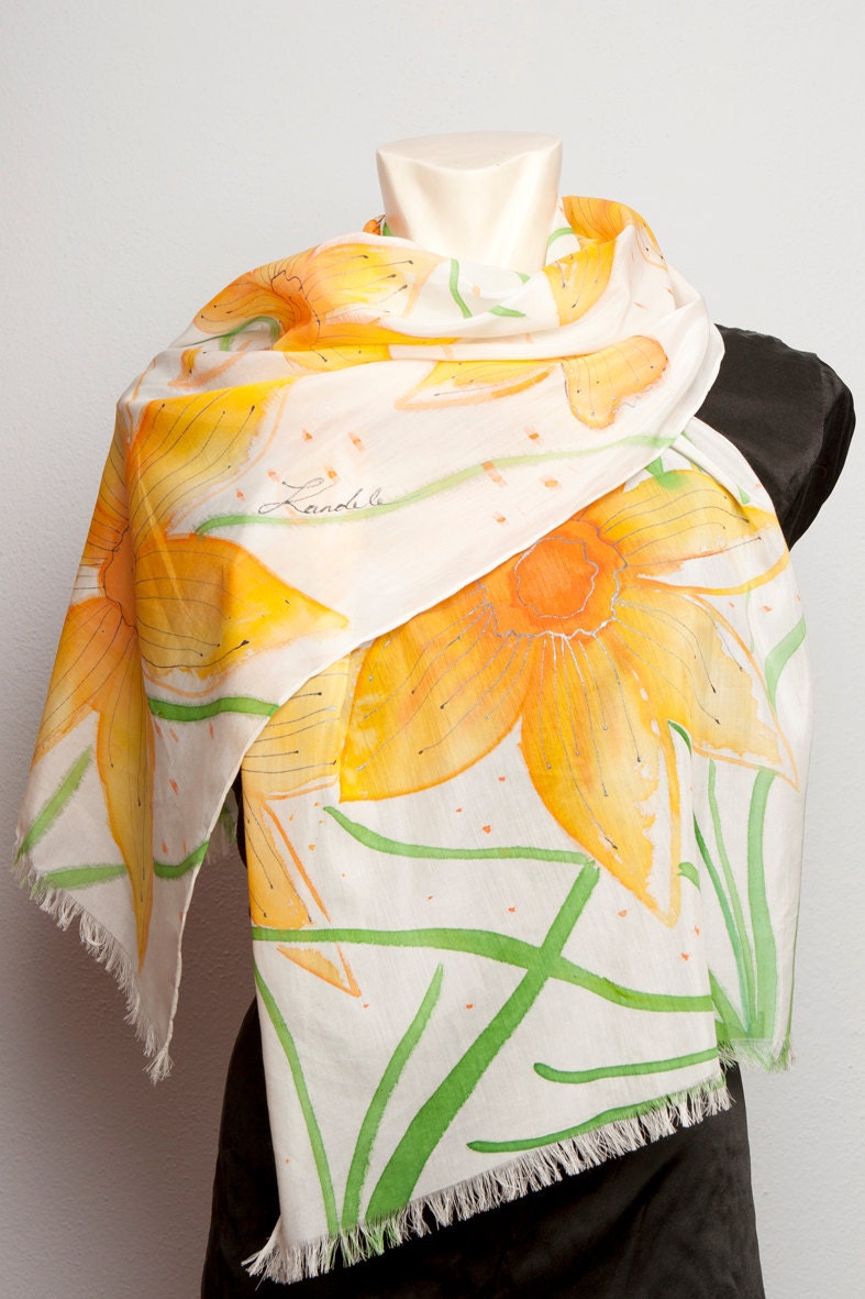 Hand Painted Silk  Cotton Fringe Scarf  Spring Daffodils Narcissus Flowers Warm Colors 16 X 55 Mother Day  Present READY TO SHIP